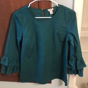 J.Crew Emerald Ruffle 3/4 Sleeve Blouse